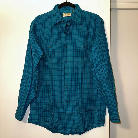 L.L. Bean Vintage Medium Collared Button Down LS Mens Navy Teal Blue Plaid EUC - Picture 1 of 12